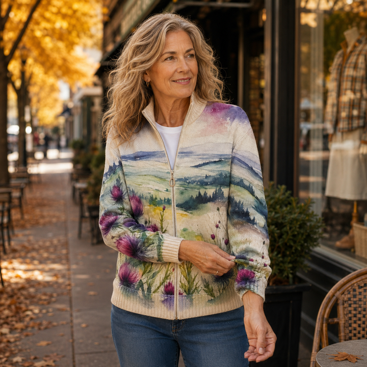 Mette | Zip-cardigan med skotsk tidsel-landskabsmønster