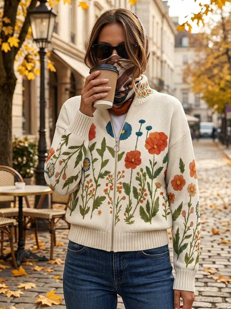 Ellen | Zip-cardigan med vilde blomster på mark