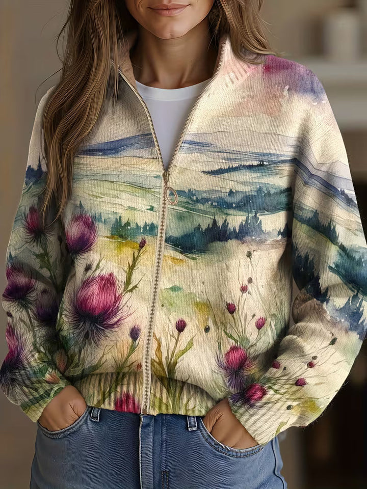Mette | Zip-cardigan med skotsk tidsel-landskabsmønster
