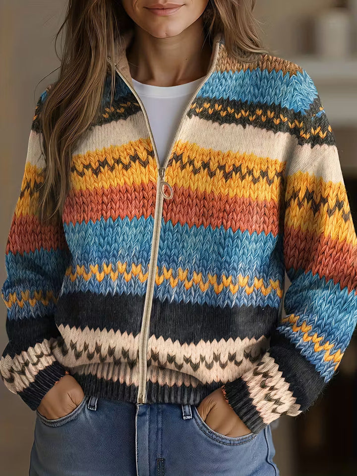 Agnete | Zigzagstribet multifarvet strikcardigan