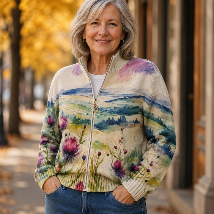 Mette | Zip-cardigan med skotsk tidsel-landskabsmønster