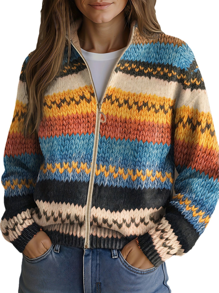Agnete | Zigzagstribet multifarvet strikcardigan