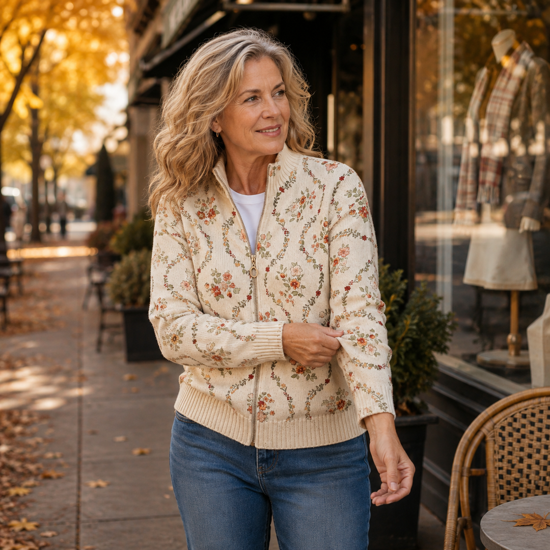 Karin | Delikat cremefarvet print med blomstrende ranker