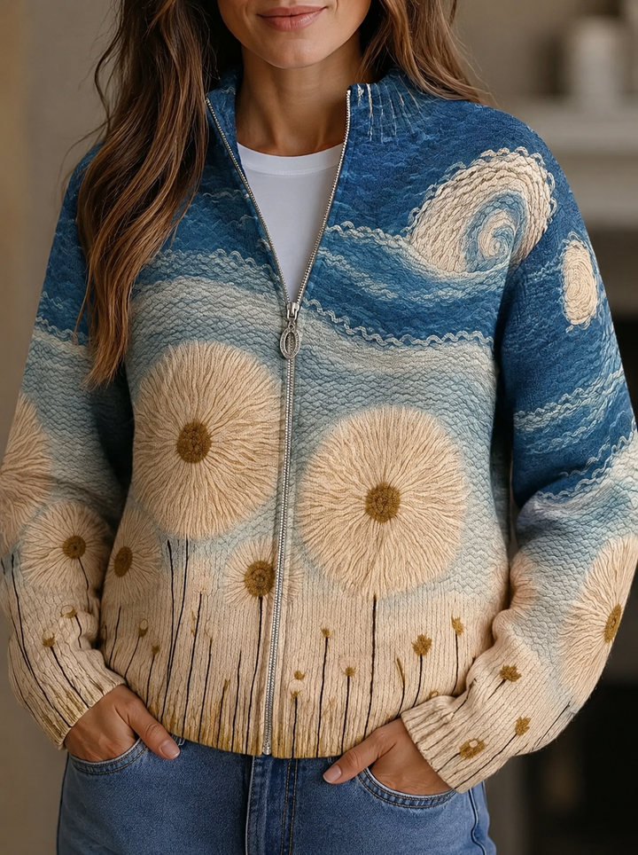 Karen | Quiltet zip-cardigan med mælkebøttemark-print