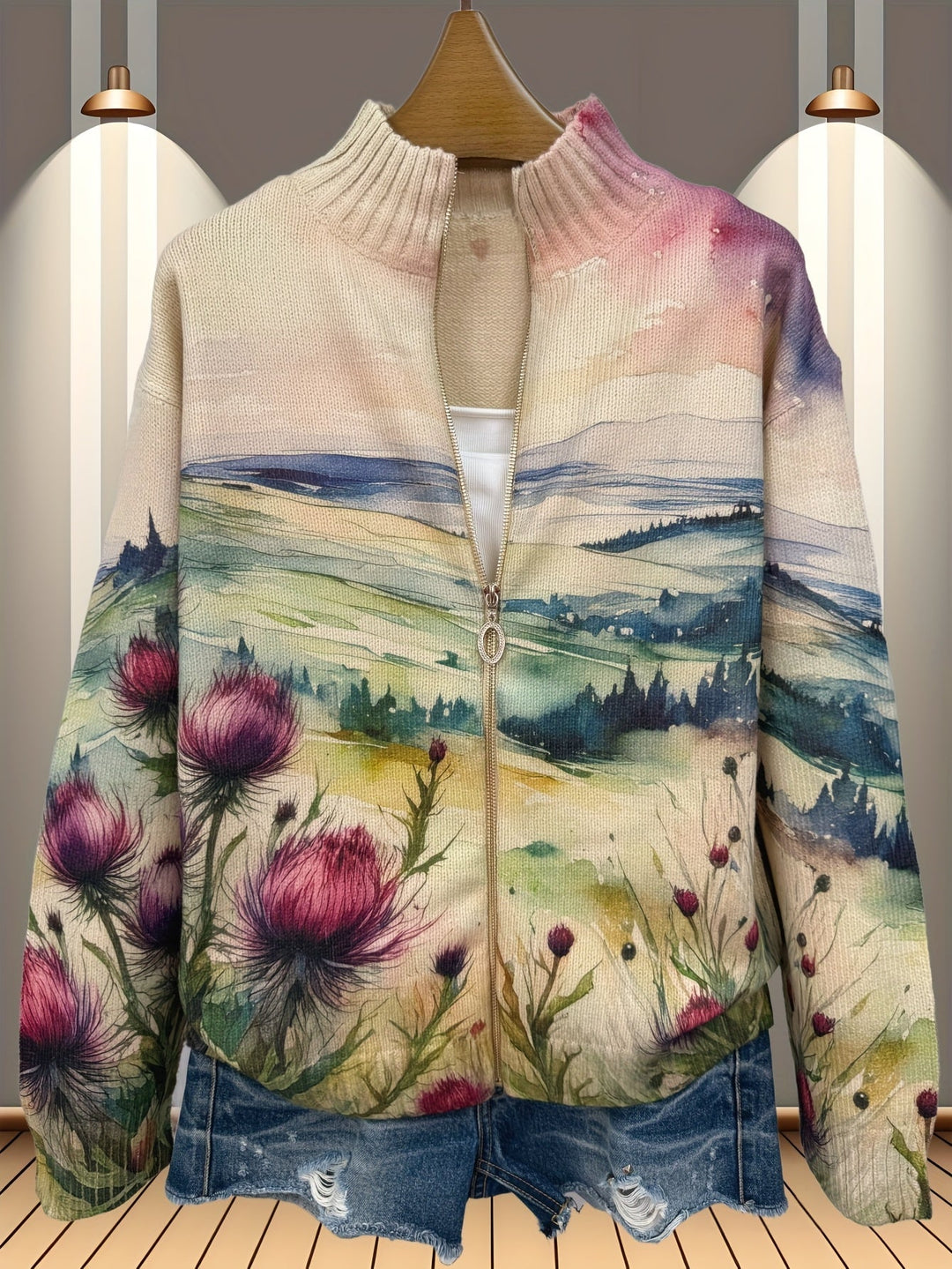 Mette | Zip-cardigan med skotsk tidsel-landskabsmønster