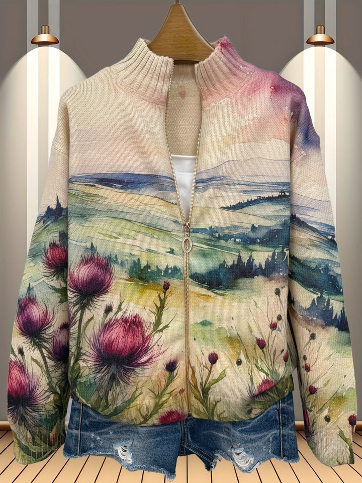 Mette | Zip-cardigan med skotsk tidsel-landskabsmønster