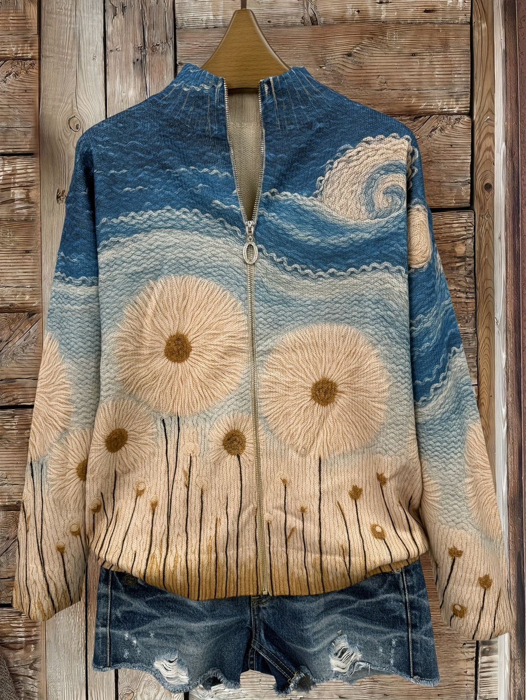Karen | Quiltet zip-cardigan med mælkebøttemark-print