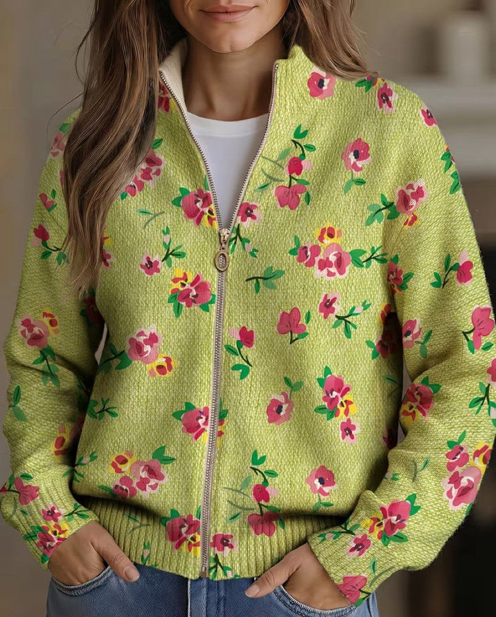 Signe | Zippet cardigan med rosa og lime blomsterprint
