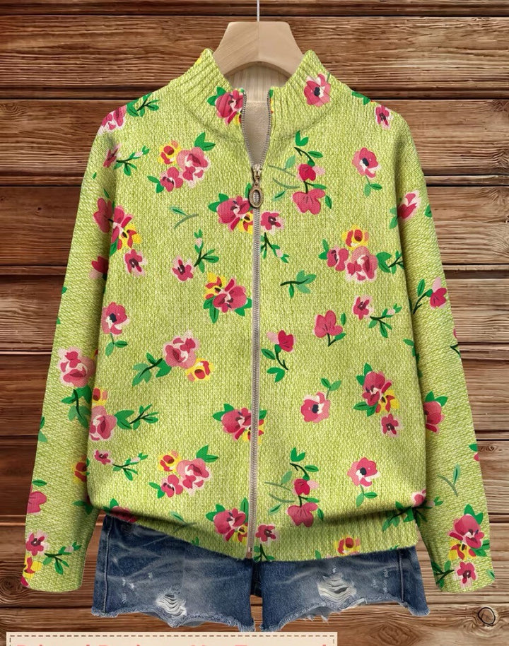 Signe | Zippet cardigan med rosa og lime blomsterprint