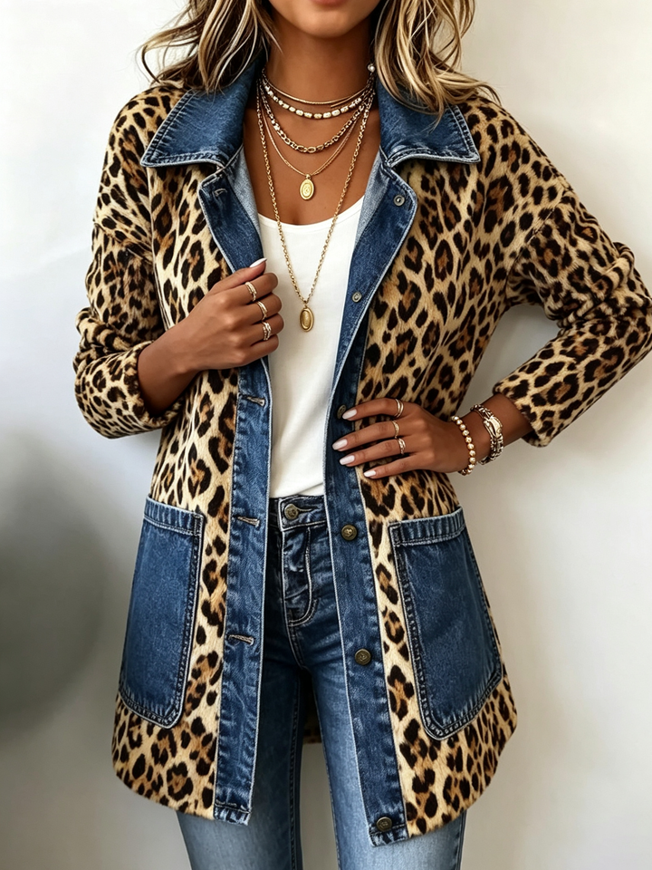 Marie | Leopardprint denim panel-kontrast longline jakke