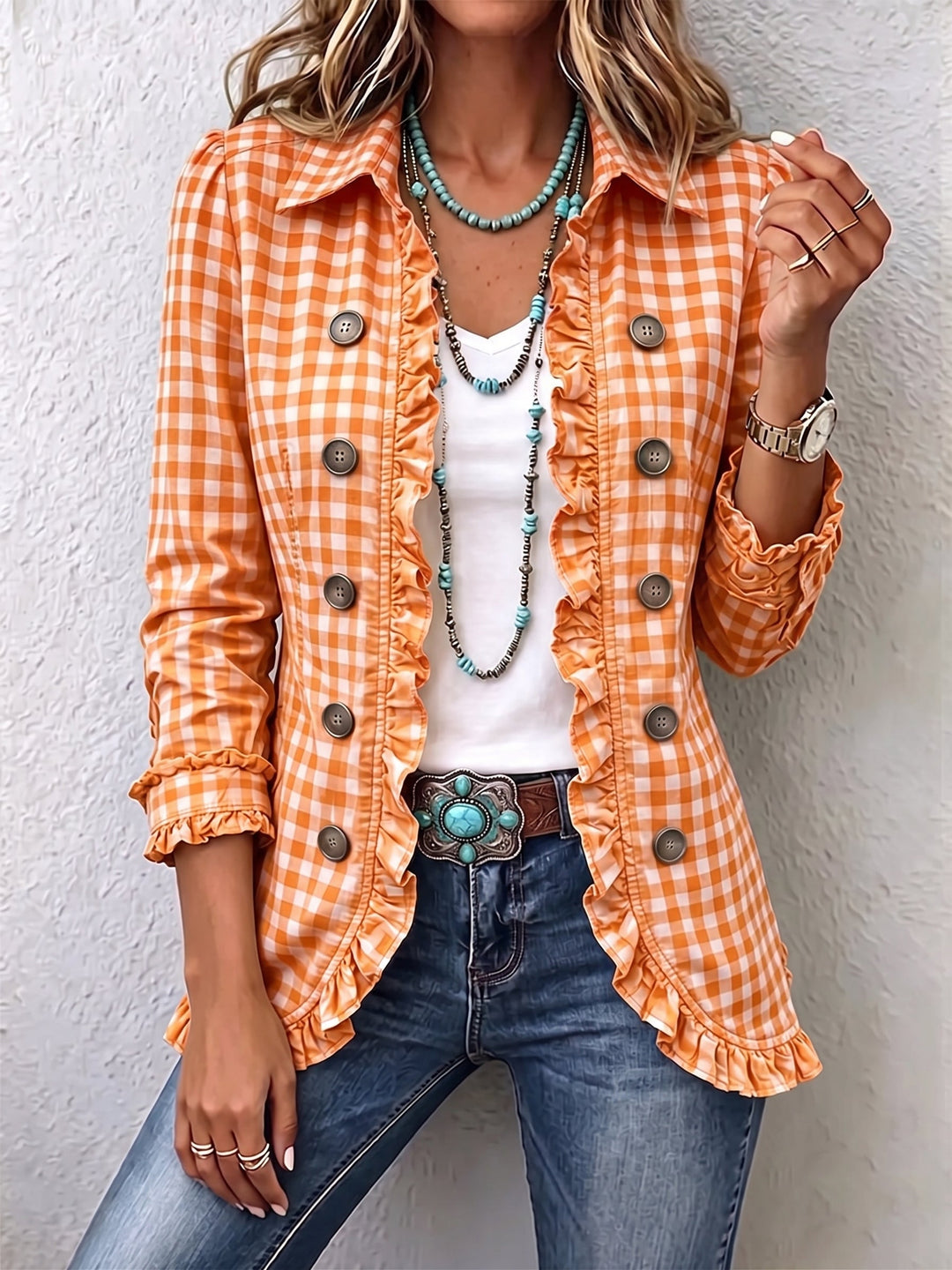 Grethe | Gingham plisseret knap-jakke