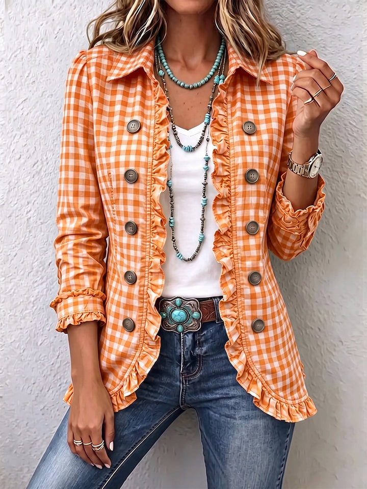 Grethe | Gingham plisseret knap-jakke