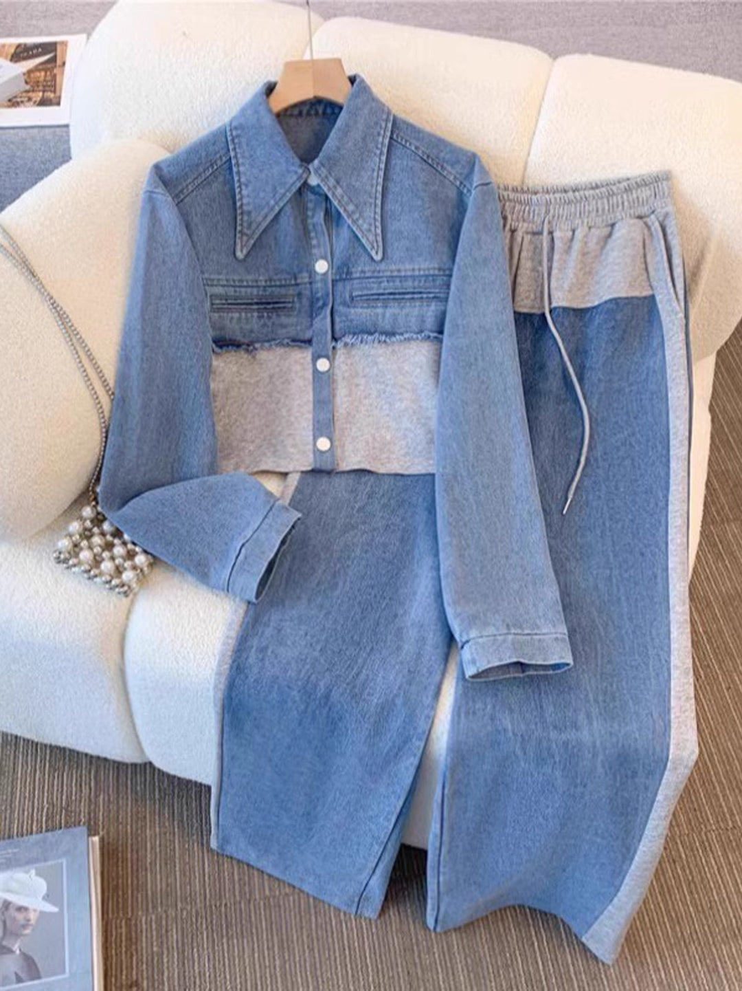 Lene | Colourblock cropped jakke & vide bukser sæt