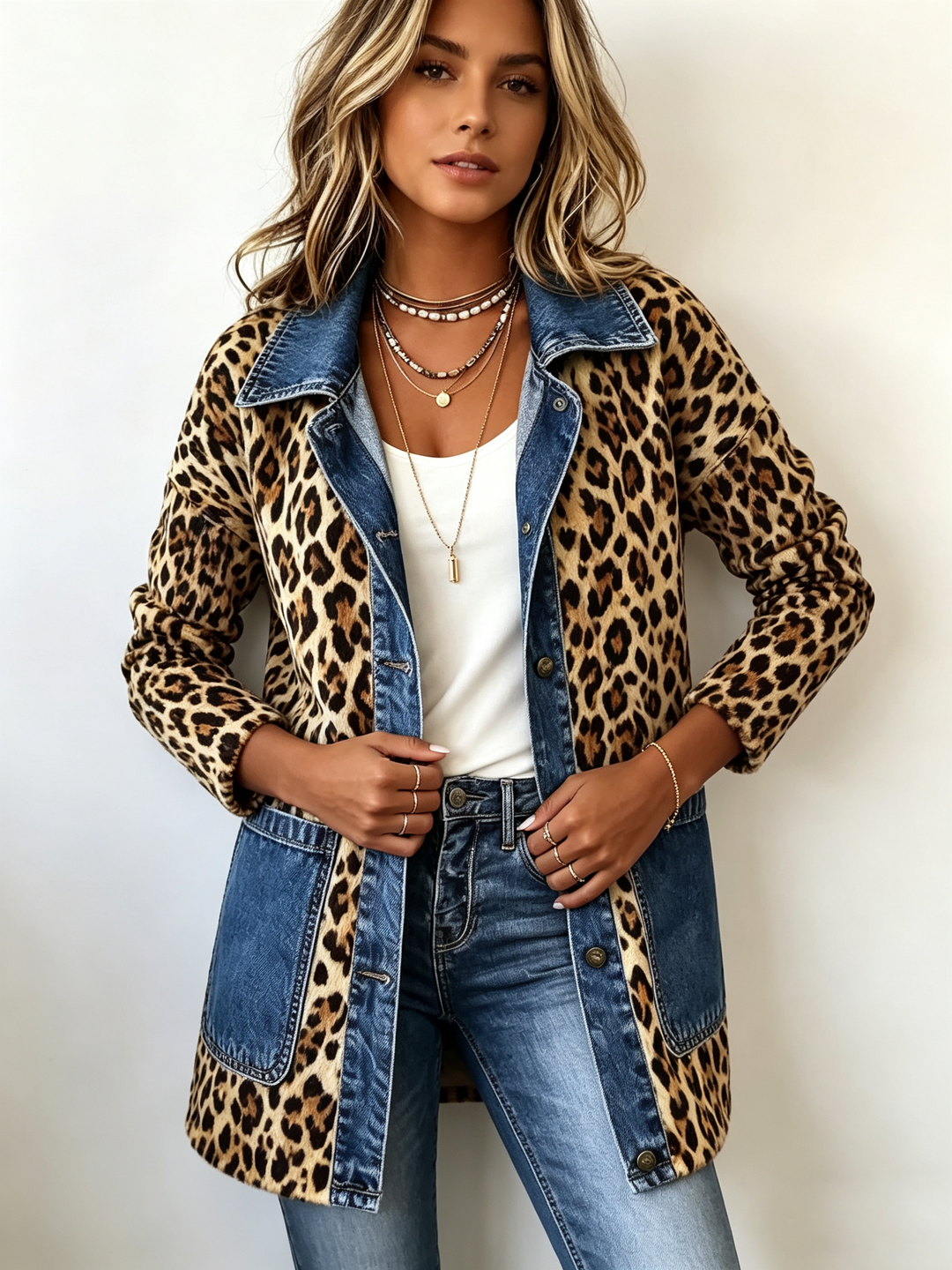 Marie | Leopardprint denim panel-kontrast longline jakke