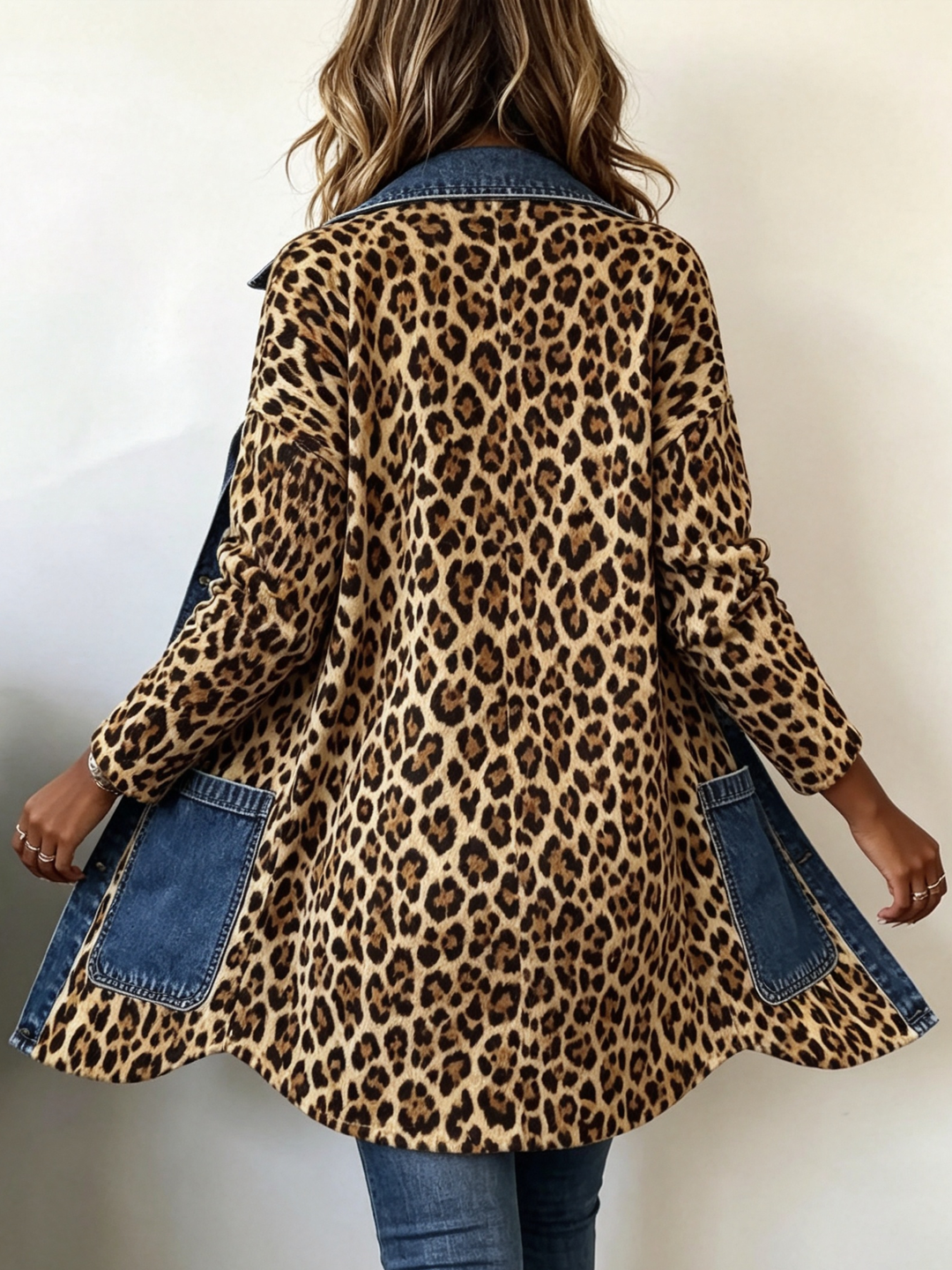 Marie | Leopardprint denim panel-kontrast longline jakke