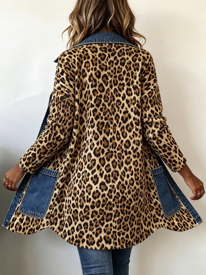 Marie | Leopardprint denim panel-kontrast longline jakke