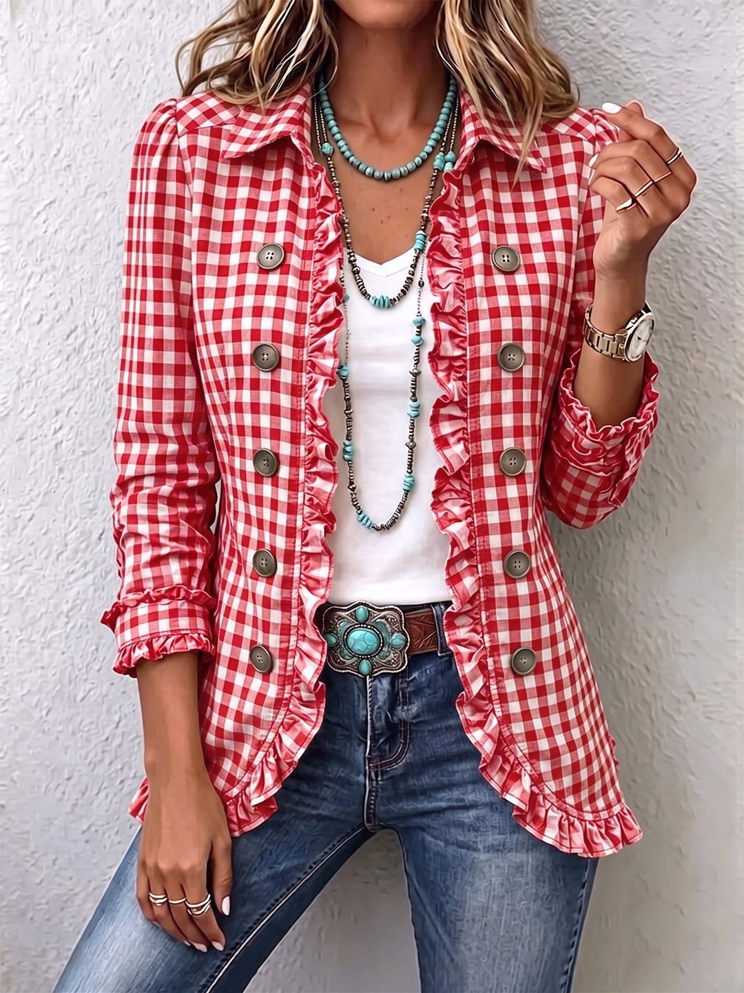 Grethe | Gingham plisseret knap-jakke