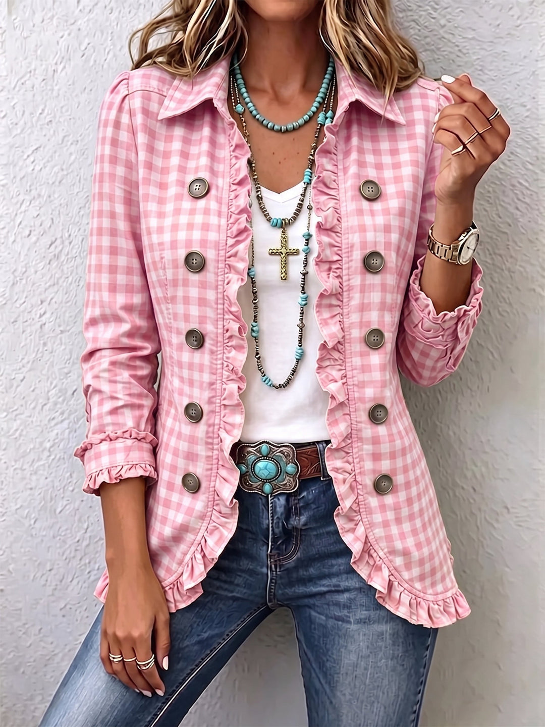 Grethe | Gingham plisseret knap-jakke
