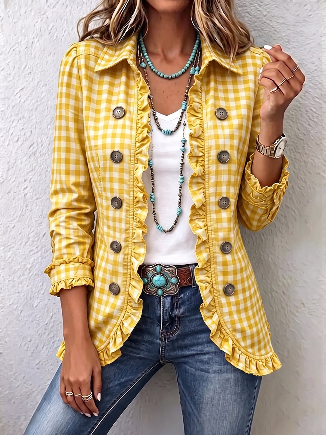 Grethe | Gingham plisseret knap-jakke