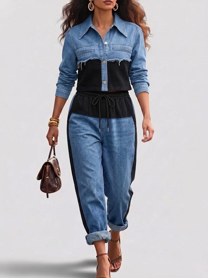 Lene | Colourblock cropped jakke & vide bukser sæt