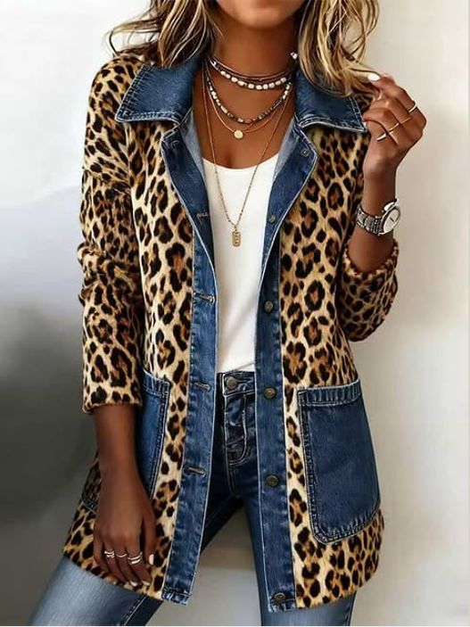 Marie | Leopardprint denim panel-kontrast longline jakke