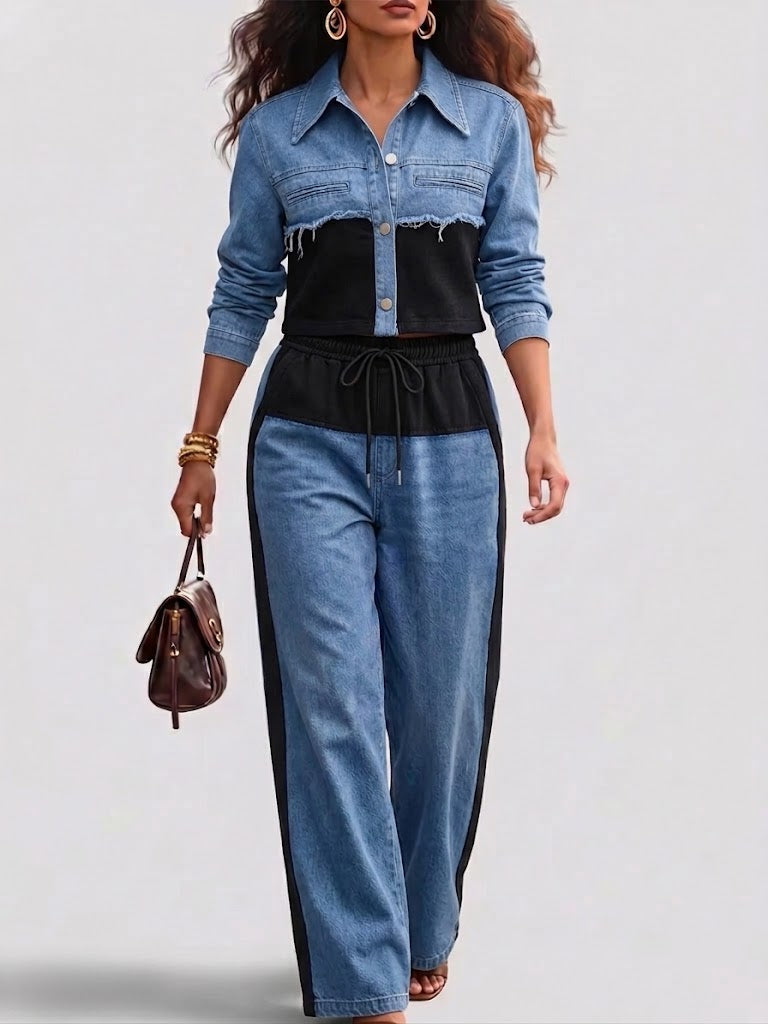 Lene | Colourblock cropped jakke & vide bukser sæt